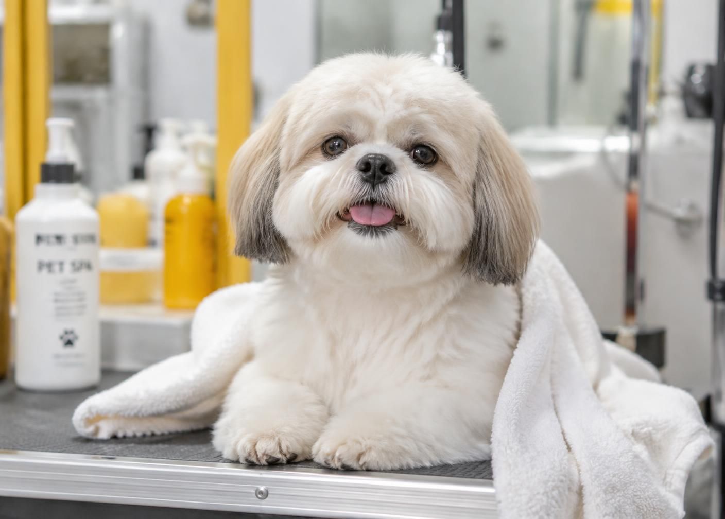 Cachorro branco após o banho e tosa, enrolado em uma toalha
