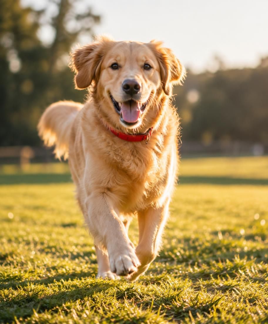 Cachorro feliz correndo com coleira vermelha