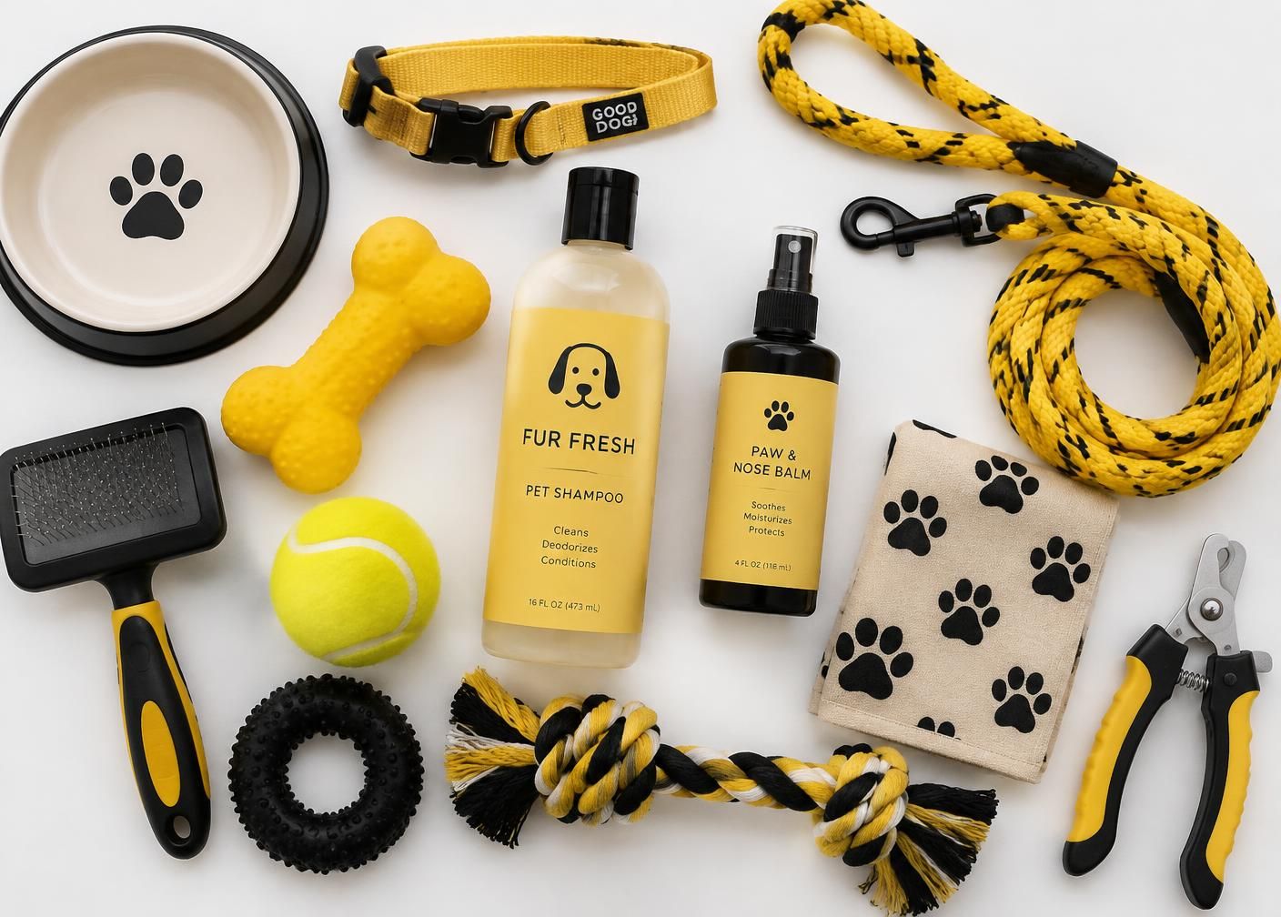 Acessórios e produtos para pets organizados sobre fundo branco